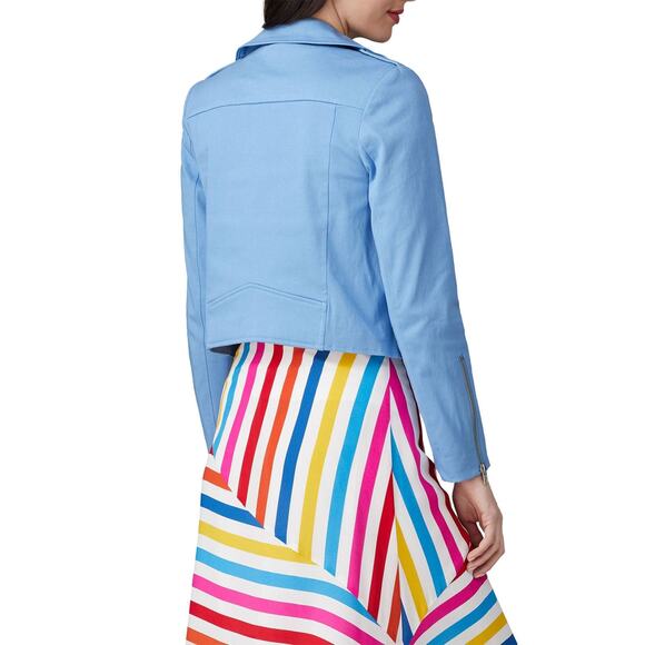 Color Me Courtney Dennis Blue Canvas Crop Biker Moto Jacket Size 4 - Picture 3 of 16